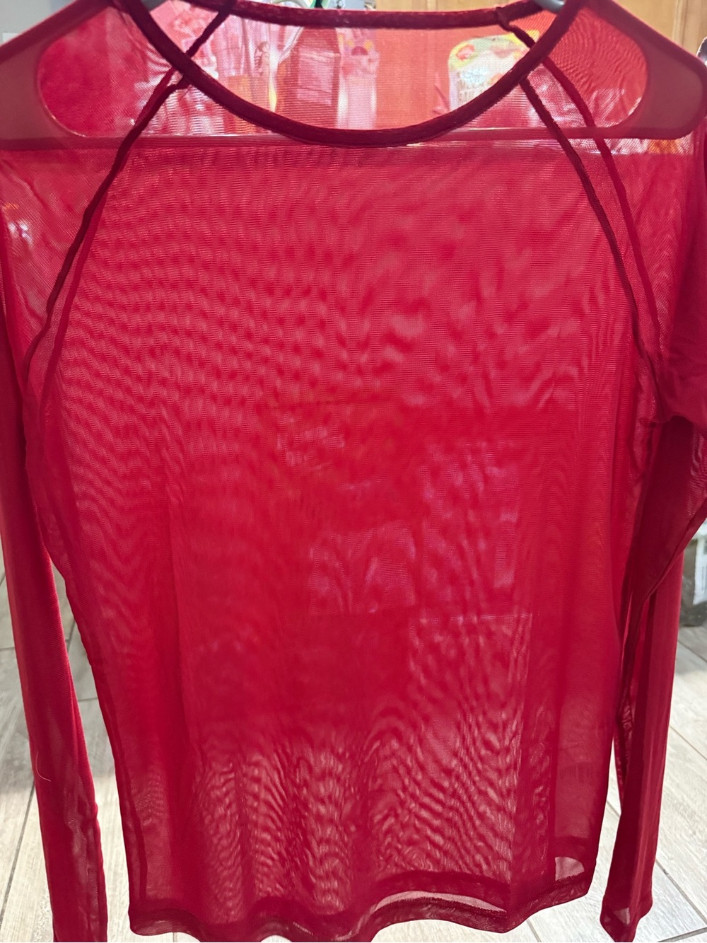 Sheer Red Long Sleeve Mesh Top